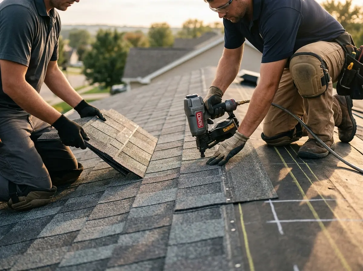 Professional roofer working on a residential roof in Renton